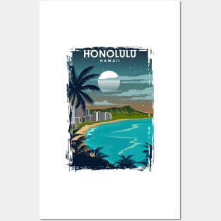 Honolulu Hawaii Travel Poster at Night Posters and Art